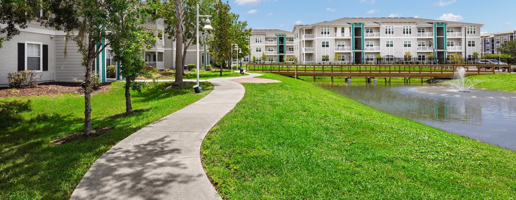 a path with grass and trees by a body of water