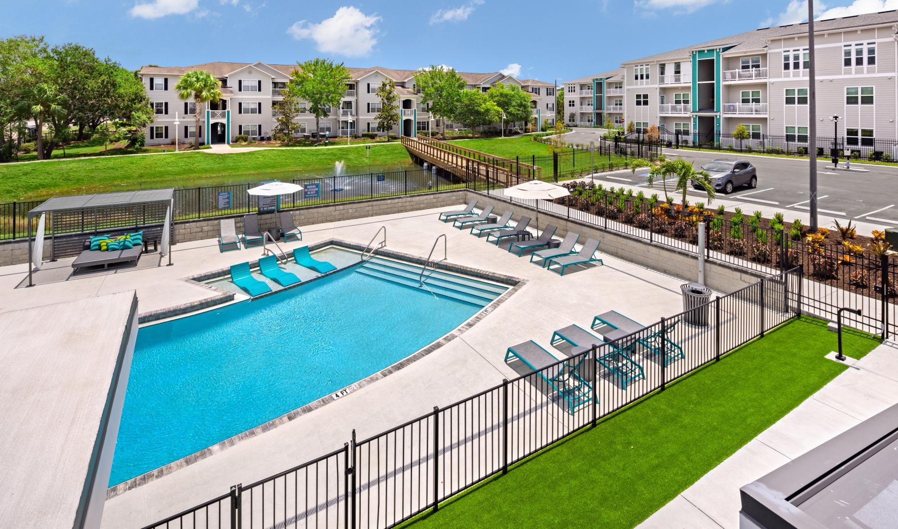 a swimming pool in a courtyard