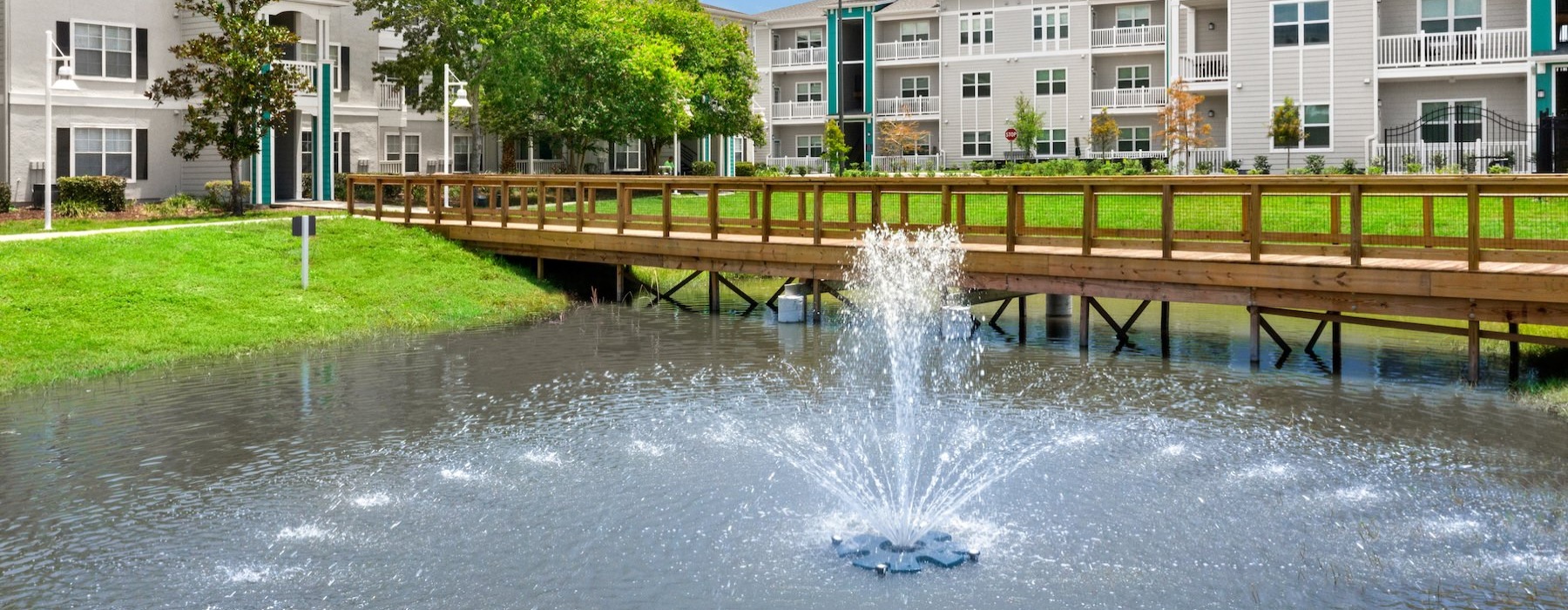 a fountain in a pond